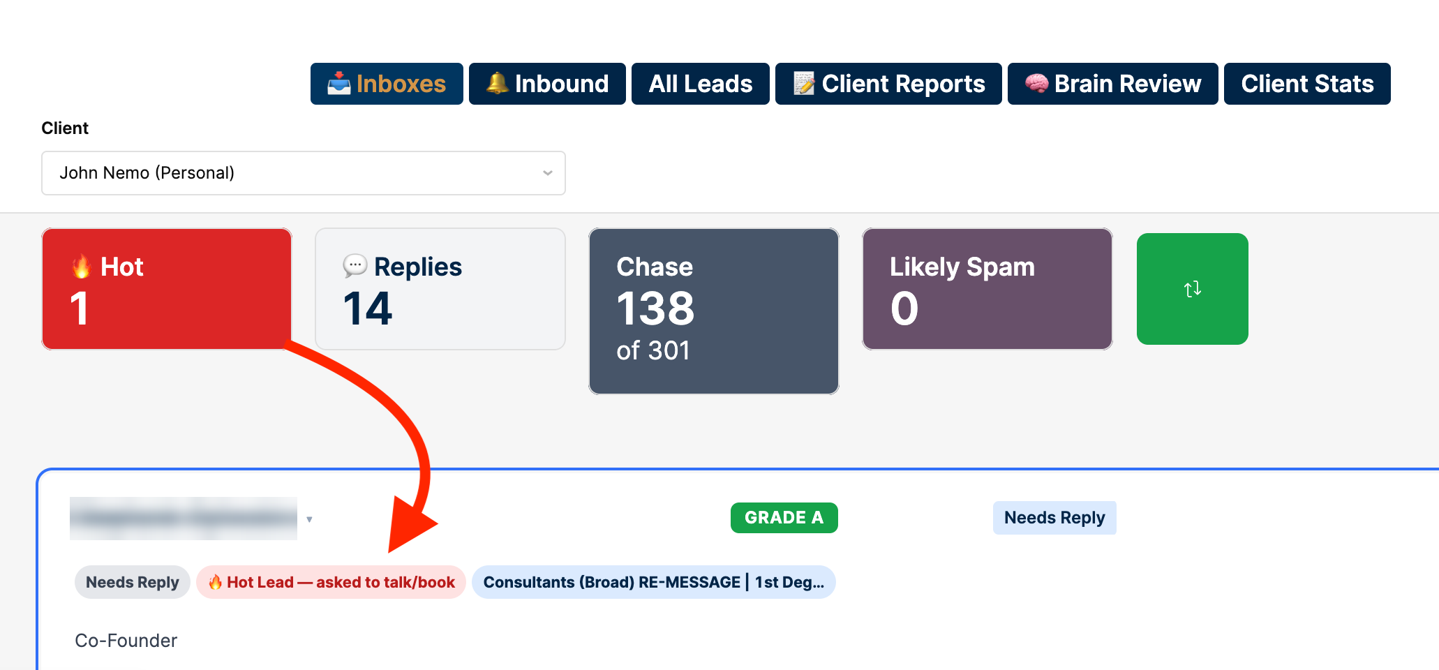 Hot leads view with one lead selected: A grade A lead flagged needs reply with the job title Co-Founder, name blurred, and a red arrow pointing from the Hot tile to the lead's card